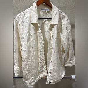 Chico's Jacket Size 2 White Eyelet Size 4 Button Up 100% Cotton 3/4 sleeve EUC